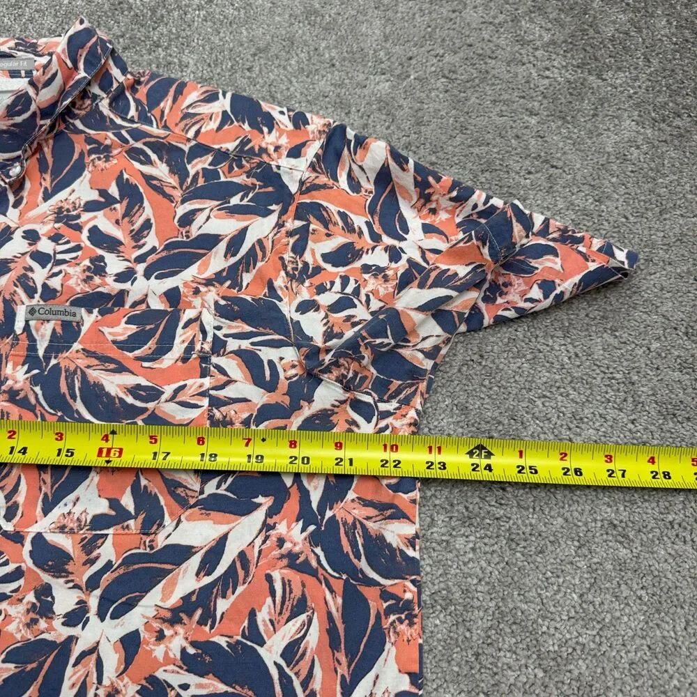Columbia Rapid River Floral Button Down Shirt Mens Medium Navy Peach Cotton Boho